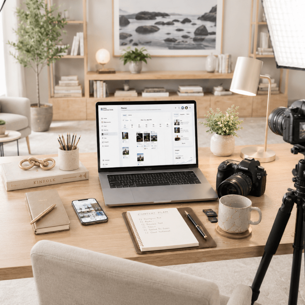 A picture of a laptop with Meta opened. Premium plus for content production