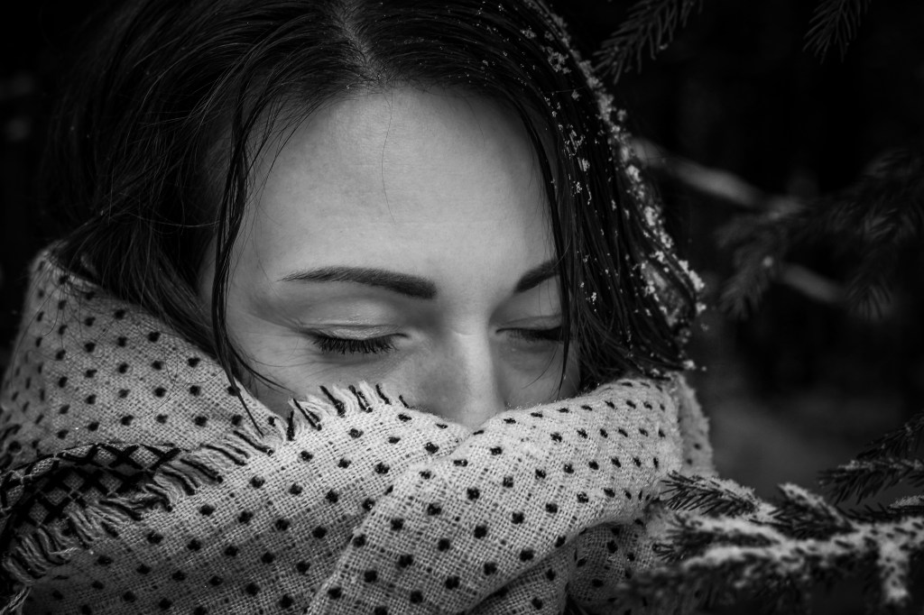 A girl in the winter black and white